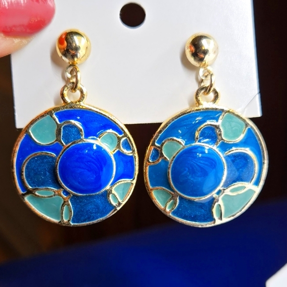 Elegant Blue and Gold Enamel  Earrings vintage style - Picture 4 of 14